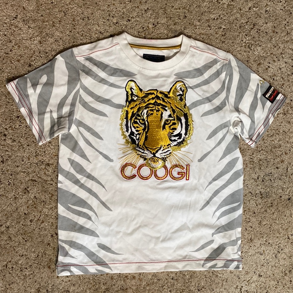 COOGI Boys Tiger Embroidery Patch White Red Gold Metallic Tee, Medium